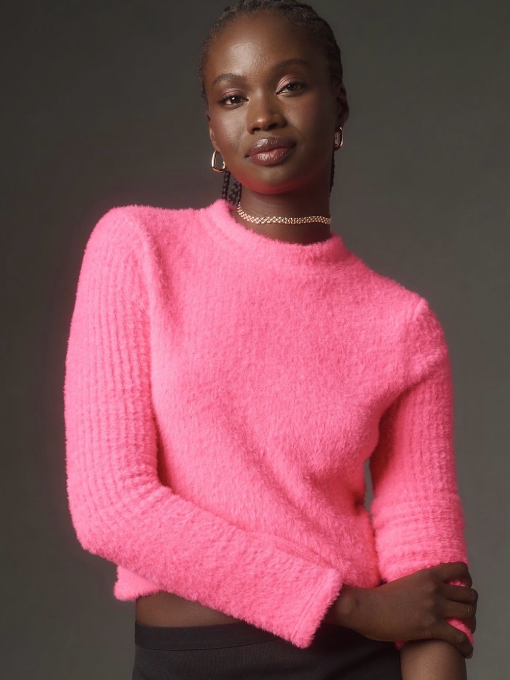Anthropologie Mock Neck Fuzzy Sweater in Neon Pink